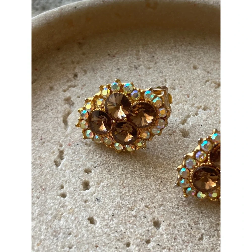 Vintage Clip On Earrings AB Halo Gold Tone Smoky Brown Rhinestone Romantic Glam